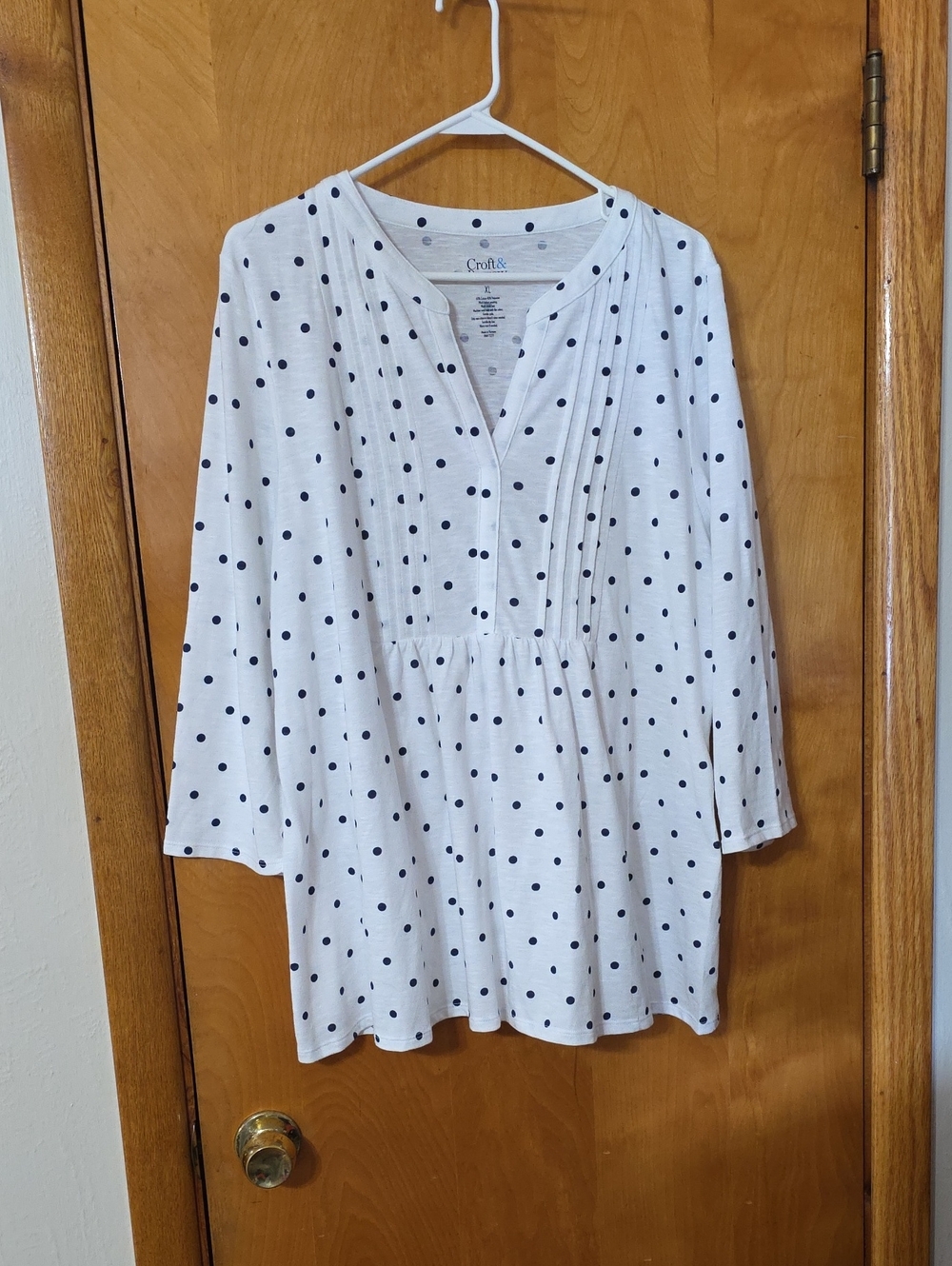 croft & barrow White with Navy Polka Dot Pintuck Peplum Long Sleeve Top